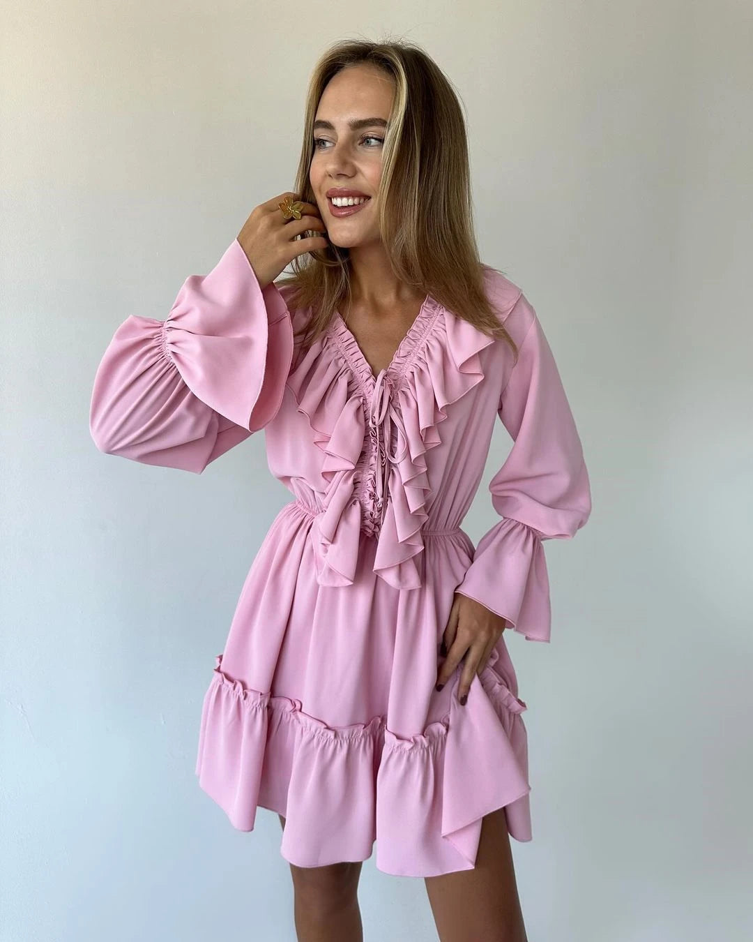 Tossy Ruffled V-Neck White Mini Dress Female Patchwork Long Sleeve Elegant Bandage Fashion Dress High Waist Lace-Up Women Dress - Smarsty