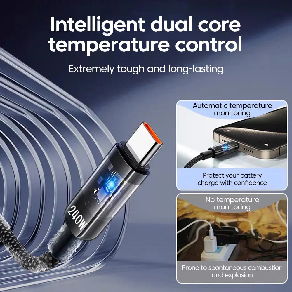 NNBILI USB C Quick Charging Cable 240W Nylon Braided Transparent Type C High-speed Charger Wire for Samsung Huawei Mi Data Line - Smarsty