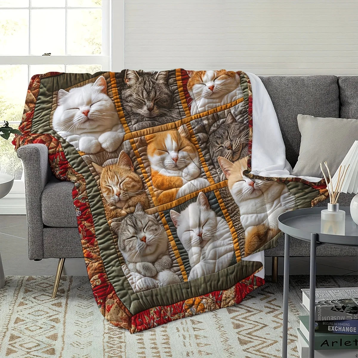 Bohemian Cat-Themed Flannel Blanket for Cozy Naps - Smarsty