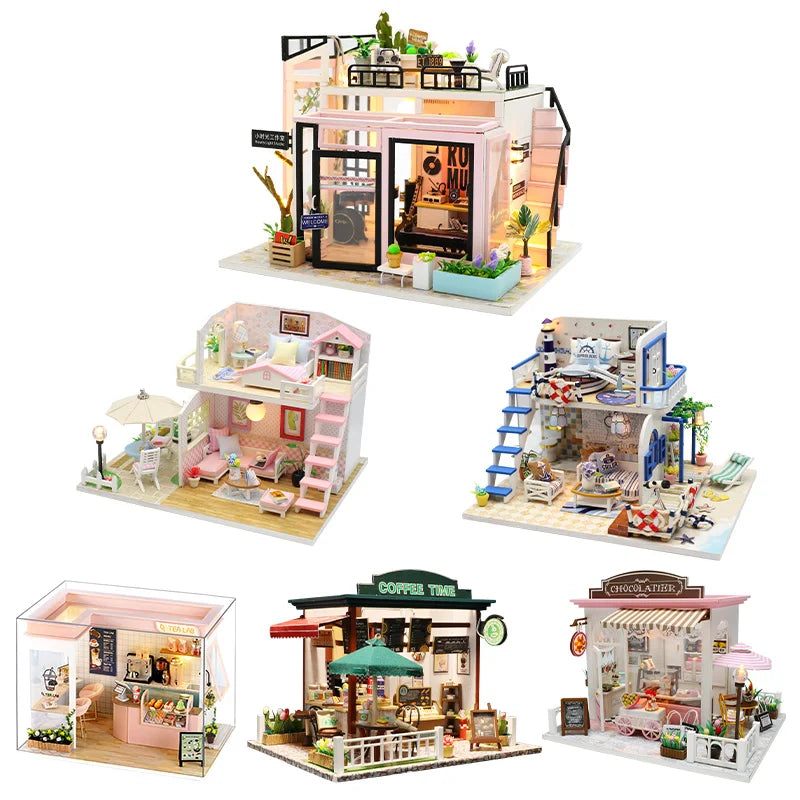 DIY Miniature Dollhouse Kits Hourly Light Studio House Sea Villa Wooden Doll House With Furniture Building Kids Toys Xmas Gifts by Smarsty