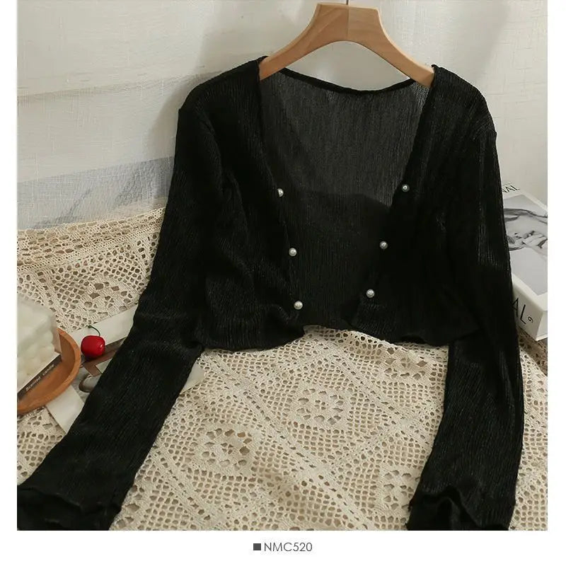 2025 Fairy Style Solid Cardigan Women Summer New Long Sleeve Sunscreen Sweet Beading V-neck Basics Loose Chiffon Cardigan - Smarsty