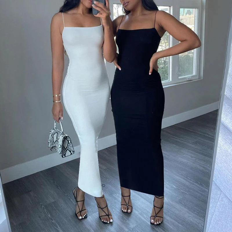 Summer Black Sexy Dress Women Streetwear Sleeveless Backless Solid Spaghetti Strap Bodycon Casual Clubwear Elegant Party Dresses - Smarsty