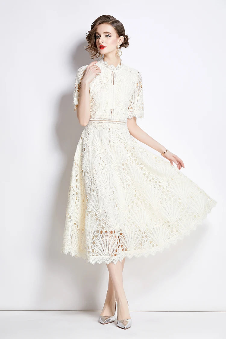 H Han Queen Spring New Elegant Casual Work Party Dresses Floral Crochet Hollow Out Lace Patchwork Casual Office Midi Dress - Smarsty