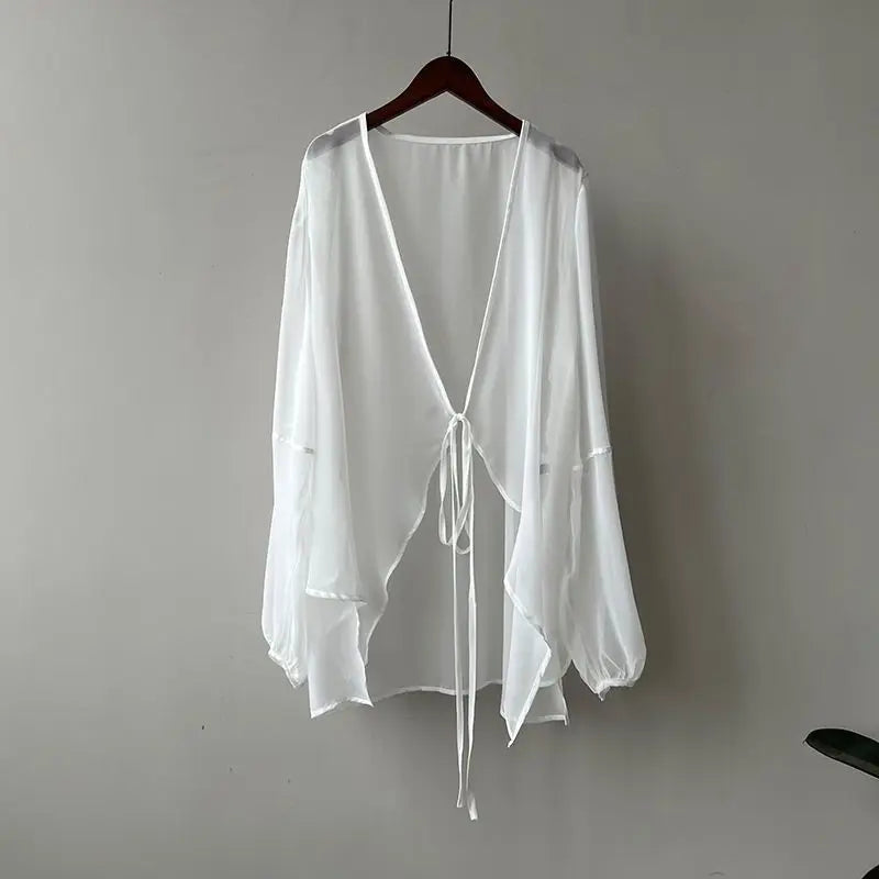 Shirts Women V-neck Loose Long Sleeve Open Stitch Korean Style Lace-up Simple Solid Summer Chiffon Breathable Minimalist Stylish - Smarsty