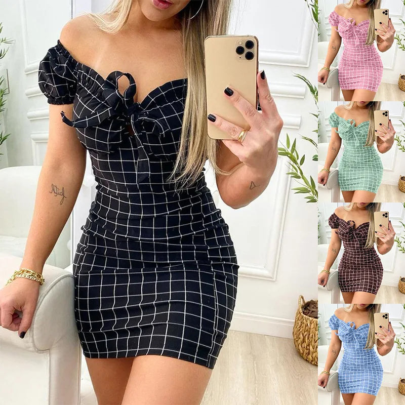Summer dress sexy package buttocks short skirt of cross border grid print dress - Smarsty