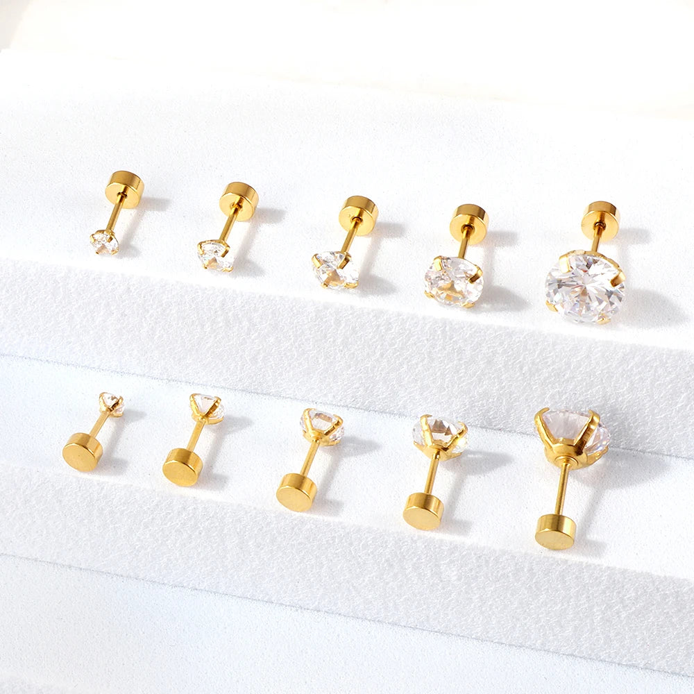 Stainless Steel Cubic Zirconia Stud Earrings Screw Back - Smarsty