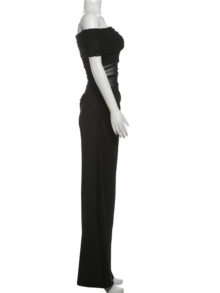 Weird Puss Ruched Irregular Dress Women Mesh Patchwork Slash Neck Short Sleeve Skinny Stretch Trend Elegant Long Bodycon Outfits - Smarsty