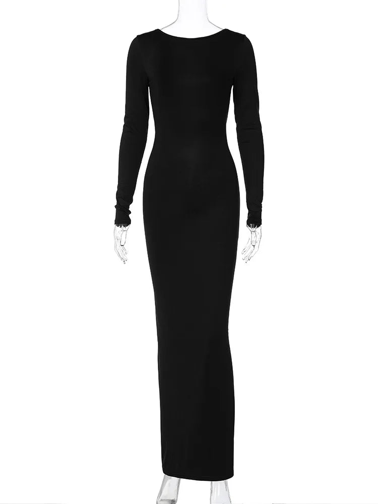 Hugcitar Spring Elegant Long Sleeve Backless Solid Cuched Sexy Bodycon Maxi Prom Dress Women Outfit Evening Party Festival Y2K - Smarsty