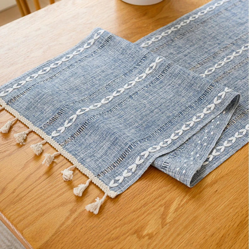 Boho Green Table Runner with Rustic Tassels - Smarsty