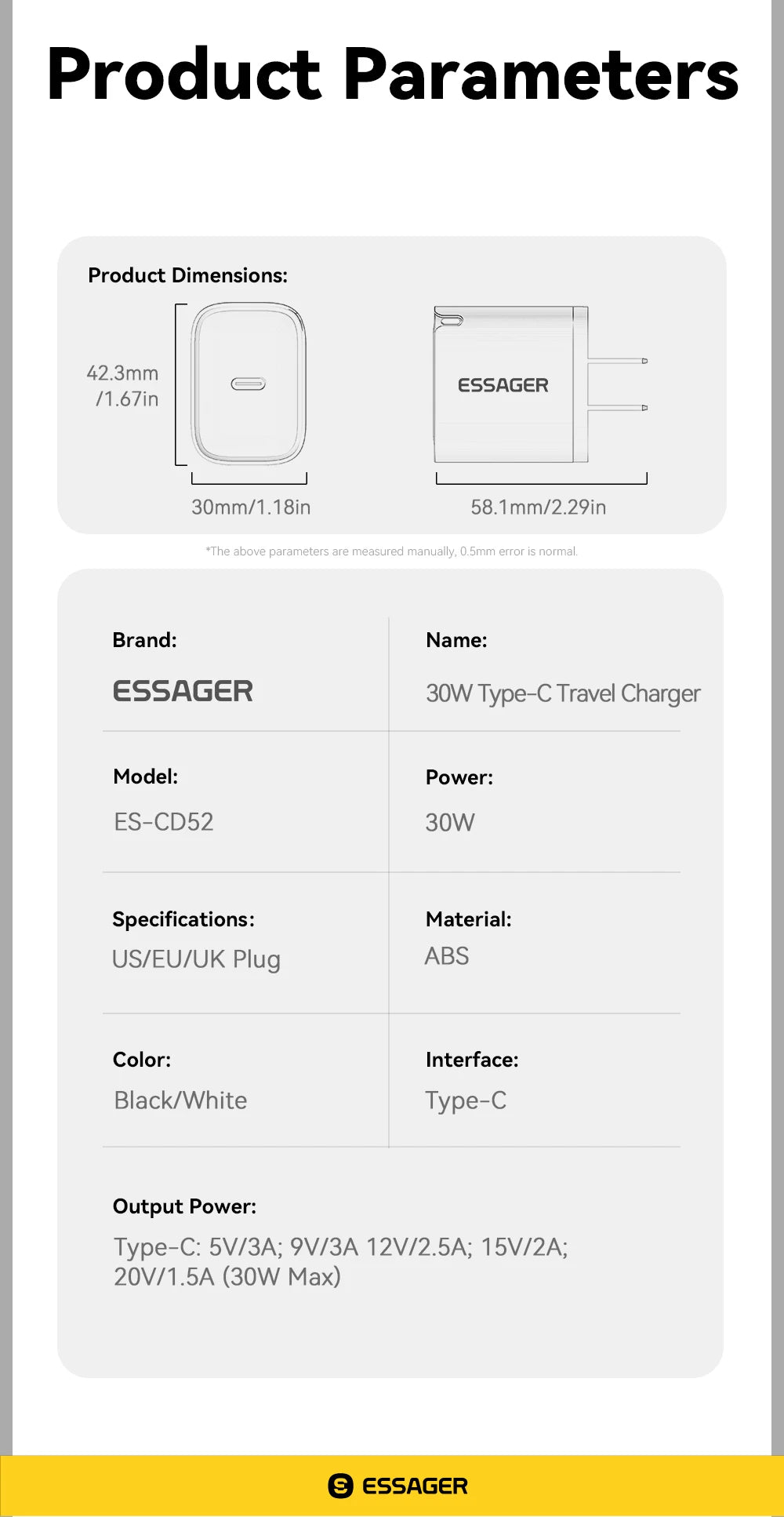 Essager Mini 30W Type C Charger PD QC3.0 Fast Type C Charger For iPhone 16 15 14 13 Pro Samsung S25 Xiaomi iPad Travel Adapter - Smarsty