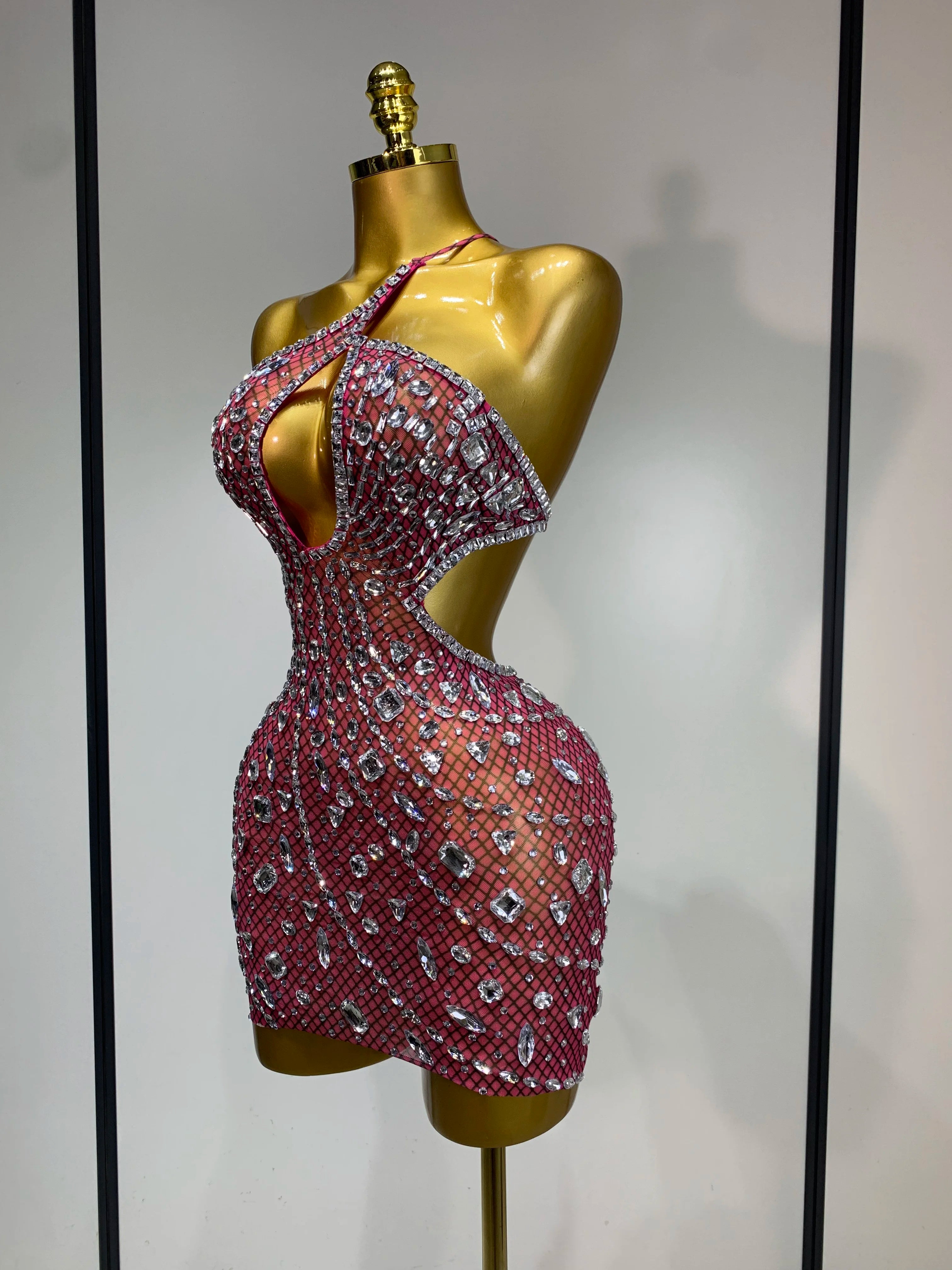 Sexy Sparkly Diamond Backless Short Dress 2025 Women Sleeveless Mesh See Through Evening Birthday Gown Singer Stage Outfit - Smarsty