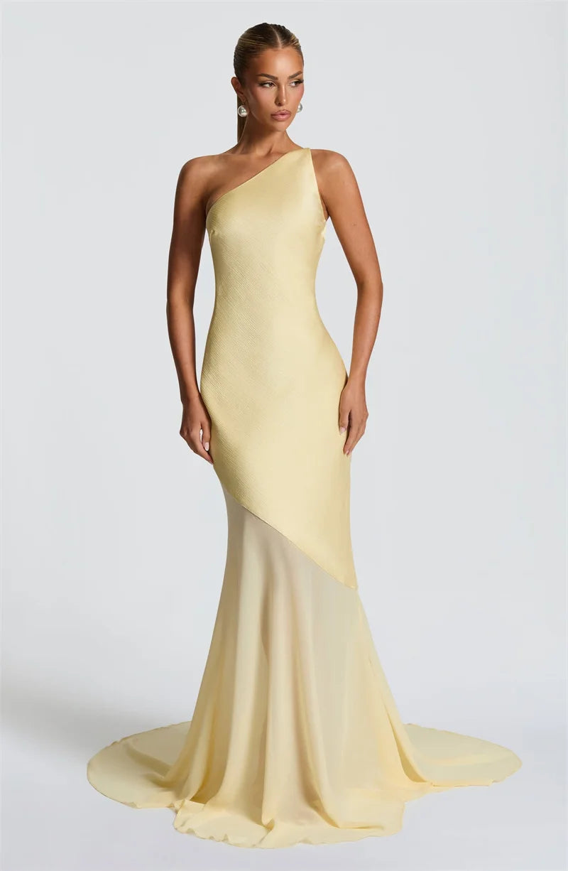 Mozision One Shoulder Backless Sexy Maxi Dress Women Gown Fashion Patchwork Sleeveless Bodycon Club Party Long Dress Elegant - Smarsty