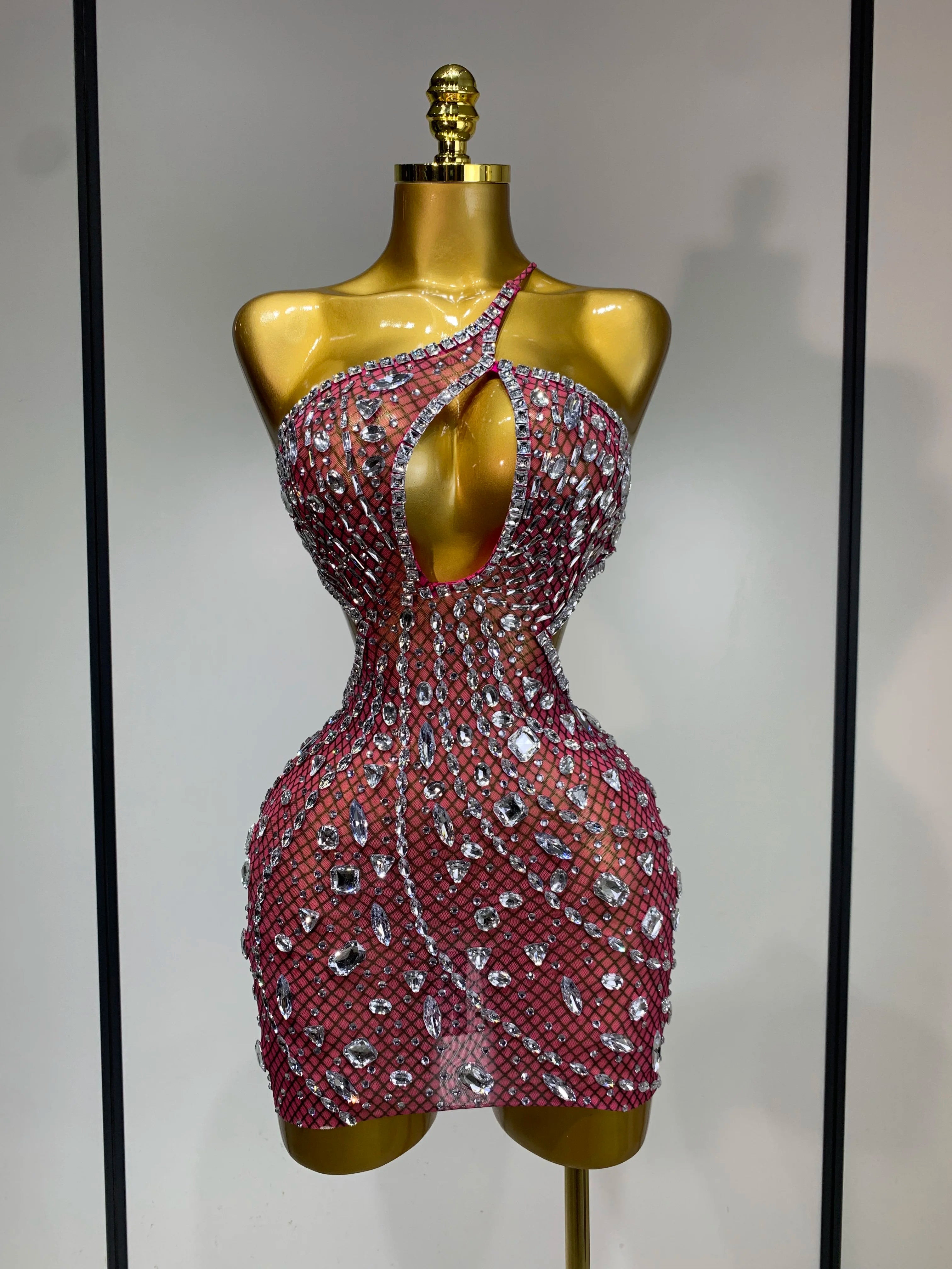 Sexy Sparkly Diamond Backless Short Dress 2025 Women Sleeveless Mesh See Through Evening Birthday Gown Singer Stage Outfit - Smarsty