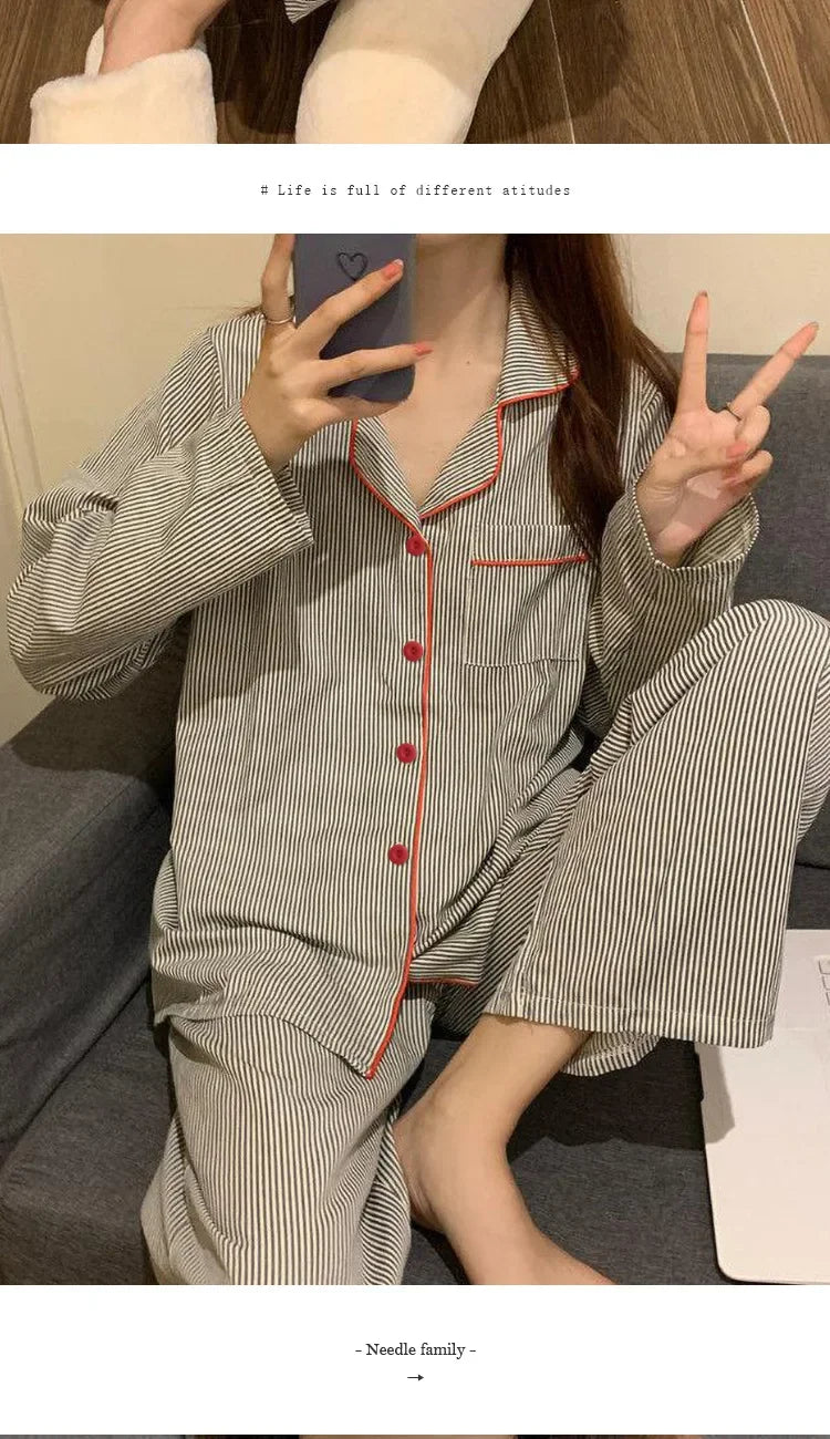 2PCS/Set Women's Long Sleeve Loose Breathable Student Sleepwear Loungewear Cardigan Gray Striped Girl Fashion Pajamas Homewear - Smarsty