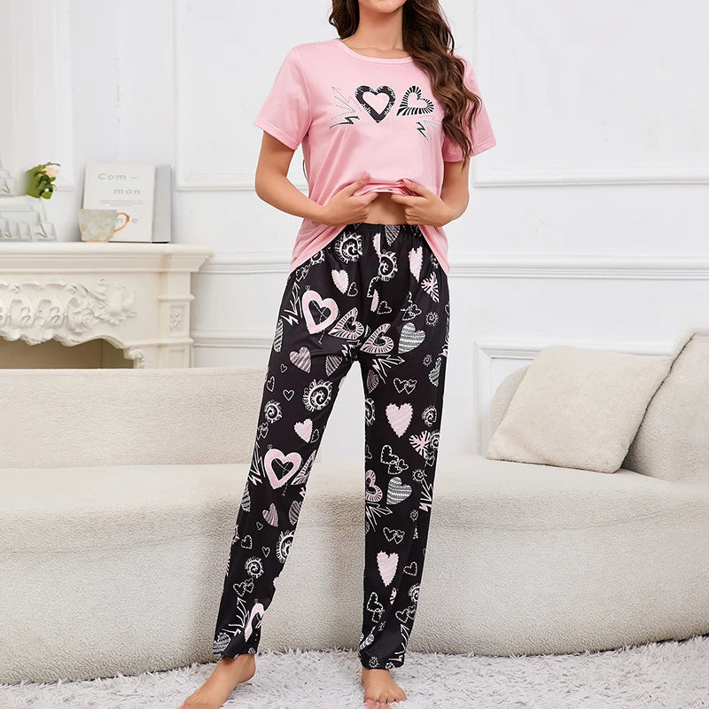 Women's Short Sleeve Crew Neck Top With Shorts And Pants 3 Piece Loungewear Sleepwear Lounge Sets Nighty Print Casual Pajama Set - Smarsty