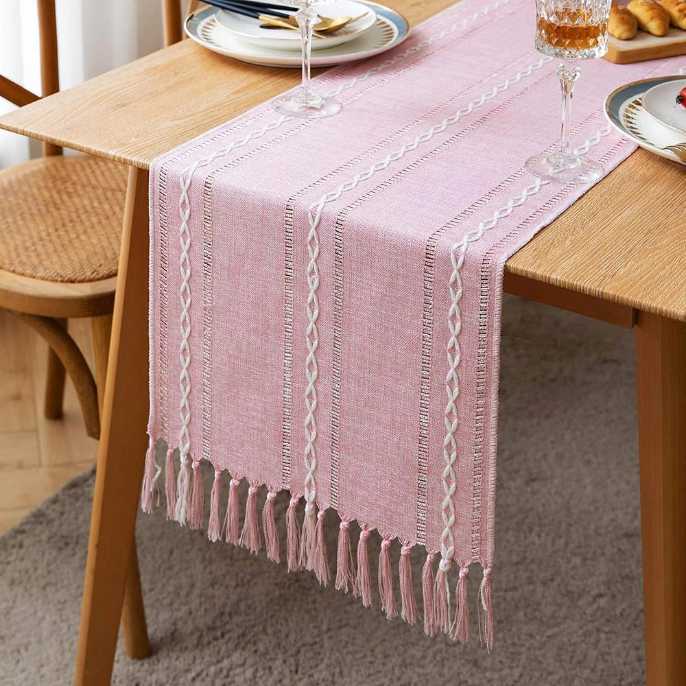 Boho Green Table Runner with Rustic Tassels - Smarsty