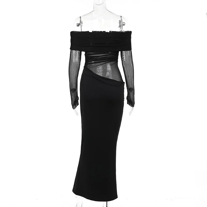 Y2k Summer New Solid Color Long Sleeve Off Shoulder Dresses Sexy Wrap Hip Mesh See Through Ruched Patchwork Long Dress 2024 New - Smarsty