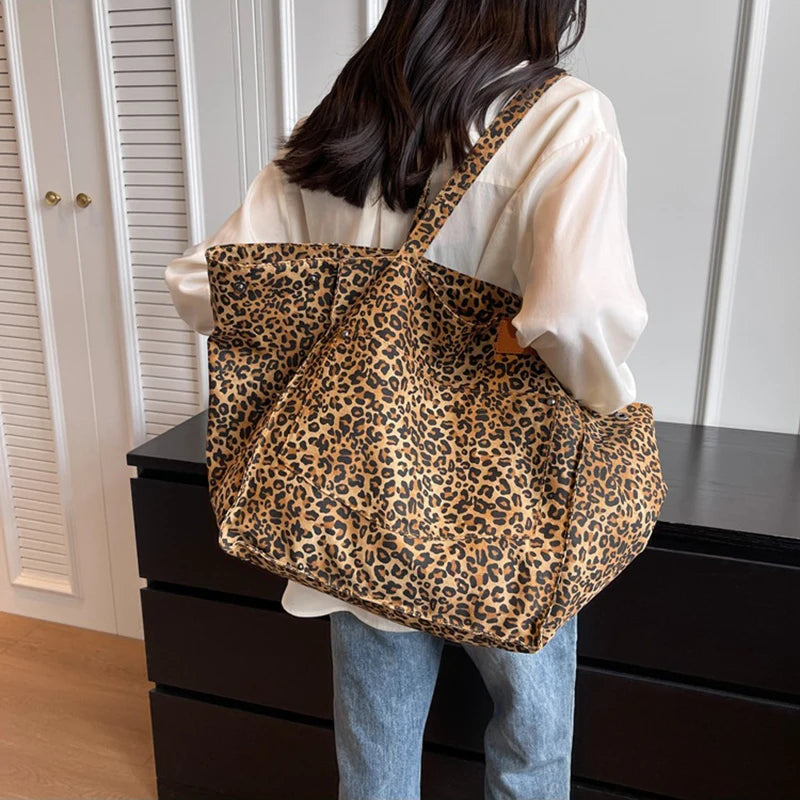 Leopard Pattern Tote Bag Vintage Canvas With Large Capacity - Smarsty