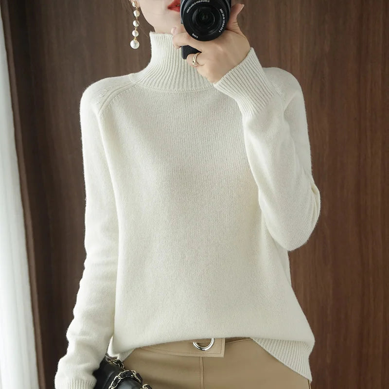 Fashion Basic Autumn Winter Merino Wool Sweater Mock Neck Cashmere Pullover Solid Color Soft Long Sleeve Clothing Tops - Smarsty
