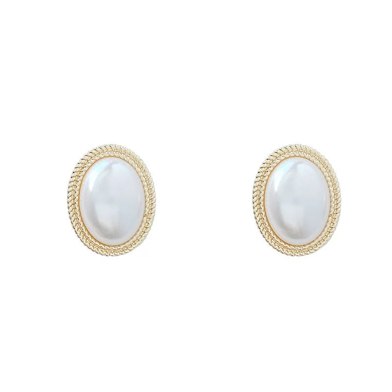 Retro Imitation Pearl Zircon Earrings Oval Square Hollow - Smarsty