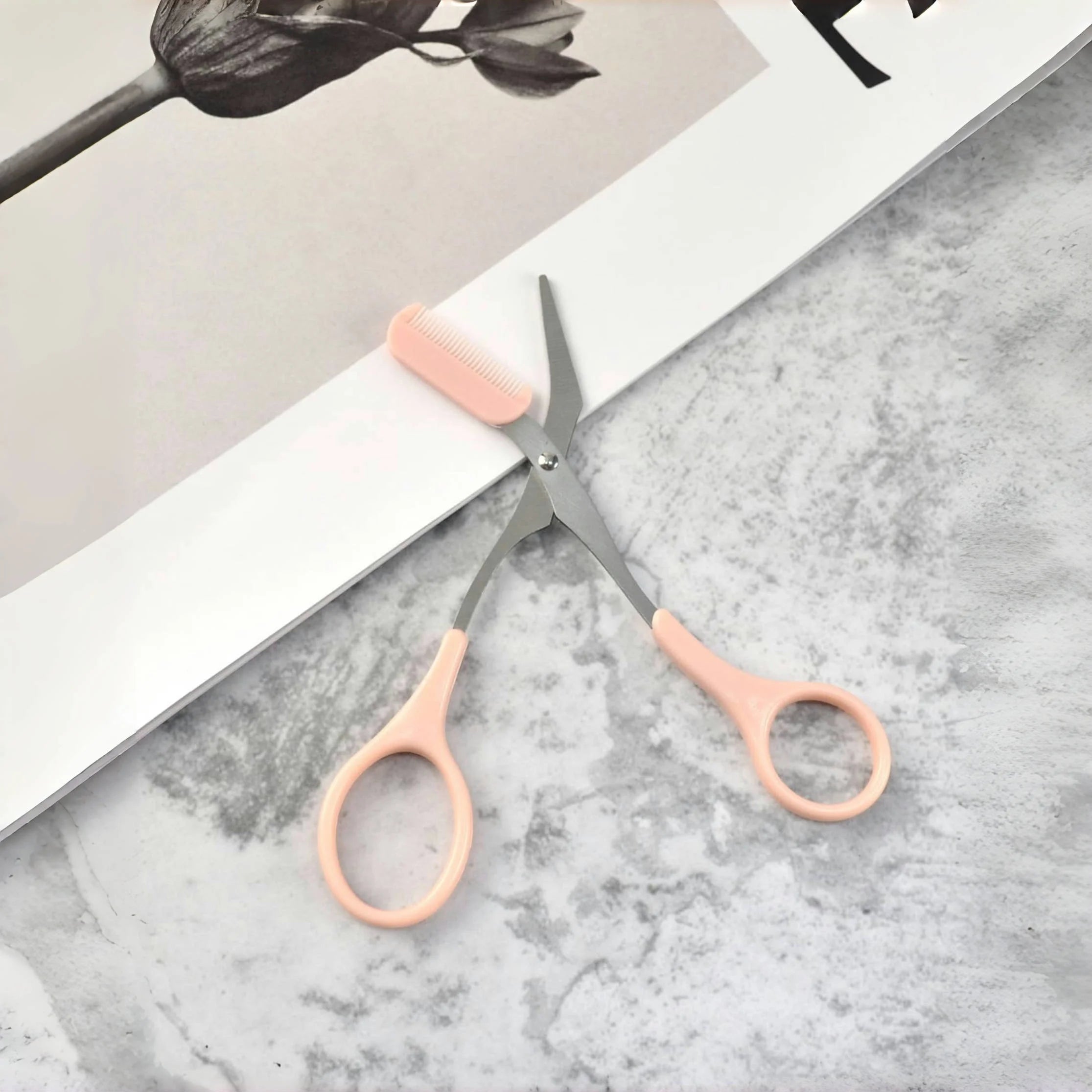 Pink Eyebrow Trimming Scissors with Built-In Comb - Smarsty