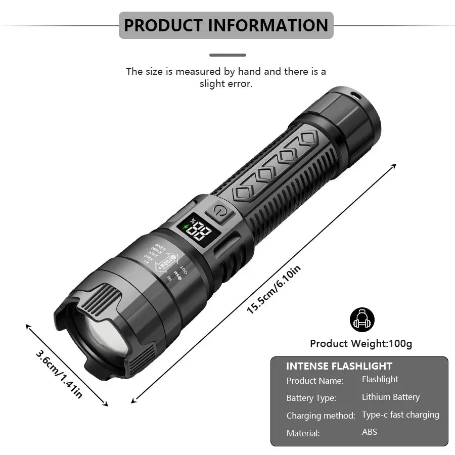 High Strong Power Led Flashlights 2000LM Tactical Torch with Display Light Rechargeable Camping Fishing Emergency Zoom Lantern