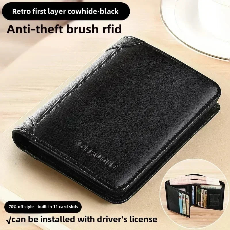 Men Wallet Genuine Leather Rfid Blocking Trifold Wallet Vintage Thin Short Multi Function ID Credit Card Holder Male Purse Money