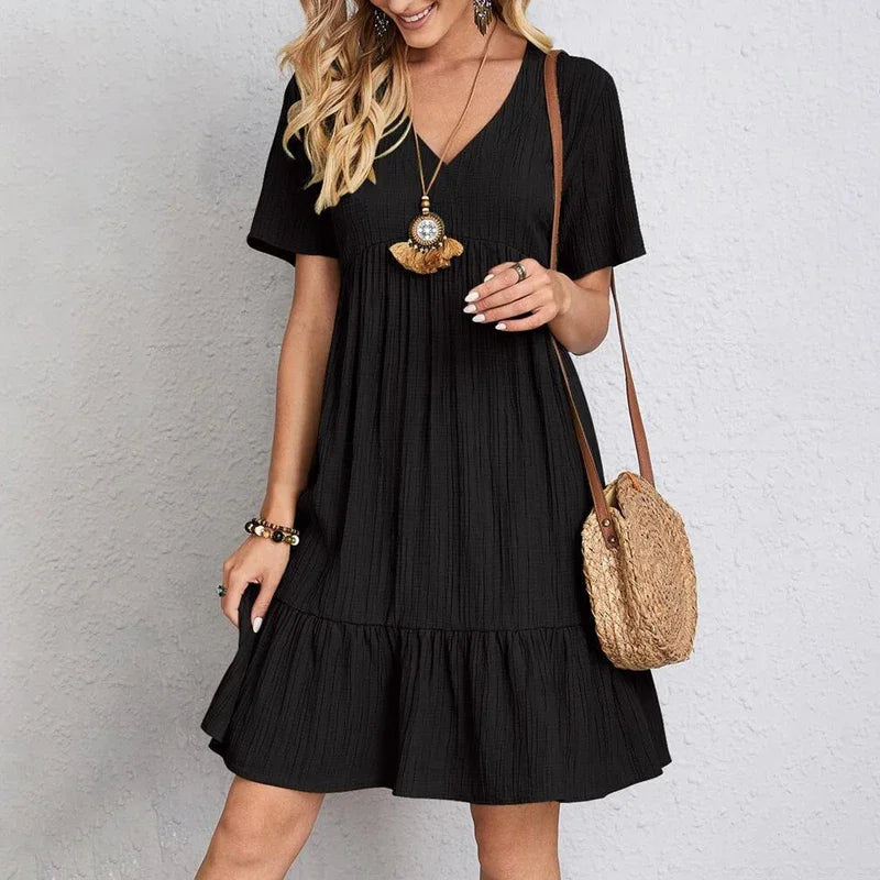 2025 Loose V-neck Short Sleeved Pleated Women Dress Solid Color A-line Beach Dresses Elegant Simple Comfortable Woman Clothing - Smarsty
