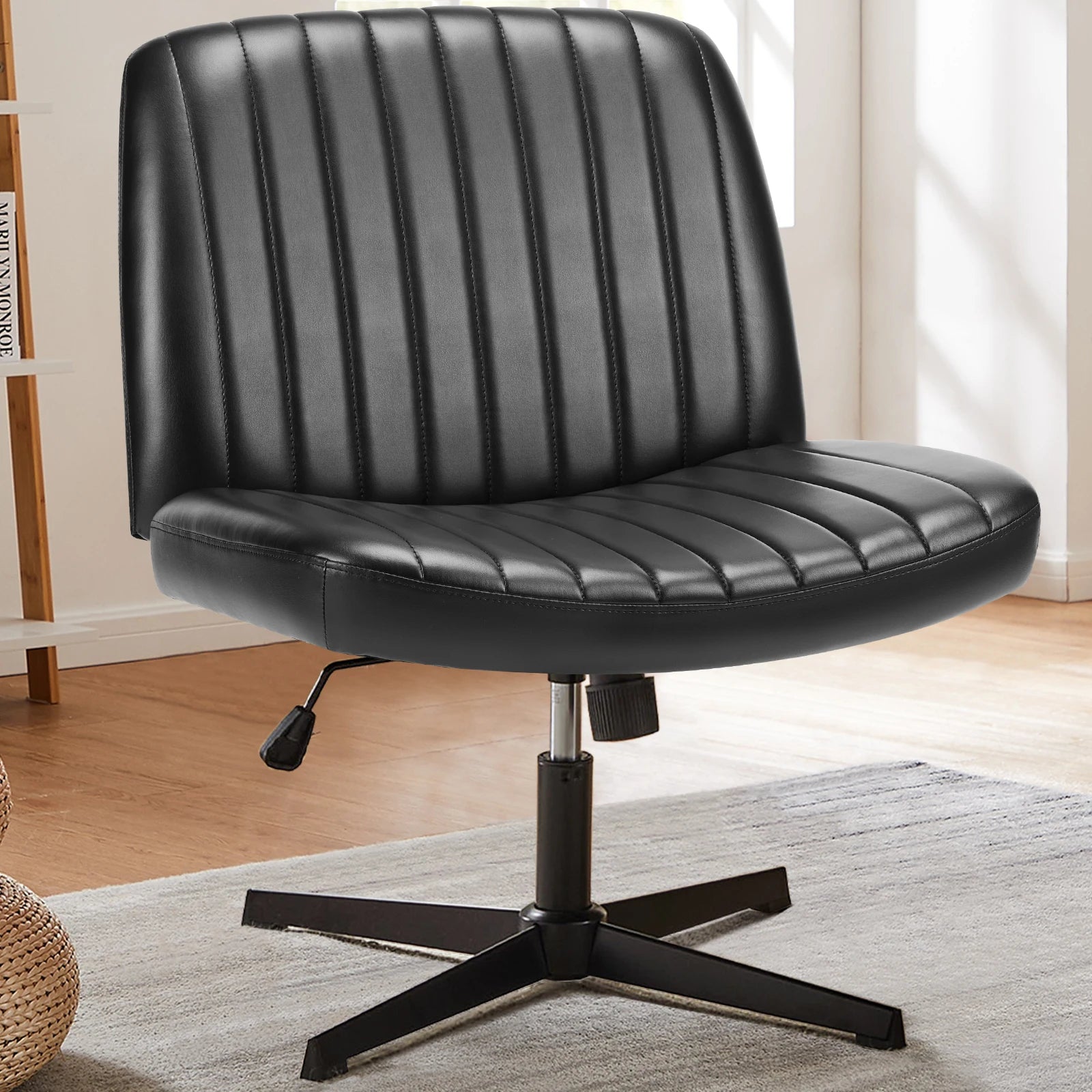 Cross Legged Office Living Room Rocking Gaming Chair Armless Wide Desk Adjustable Swivel Fabric Task Vanity Home Office
