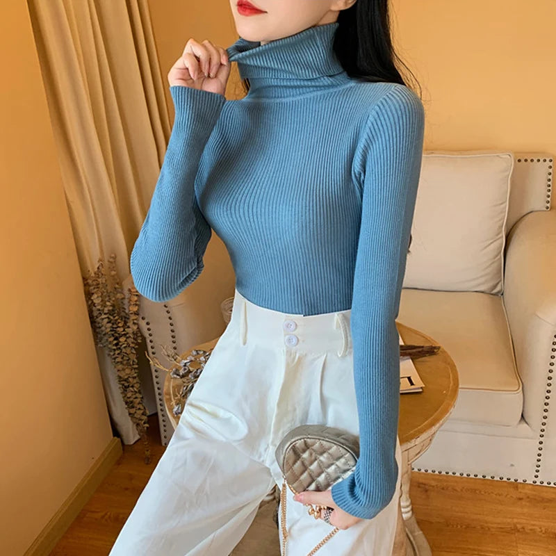 2025 Autumn Winter Women Long Sleeve Knitted Foldover Turtleneck Ribbed Pull Sweater Soft Warm Femme Jumper Pullover Clothes - Smarsty