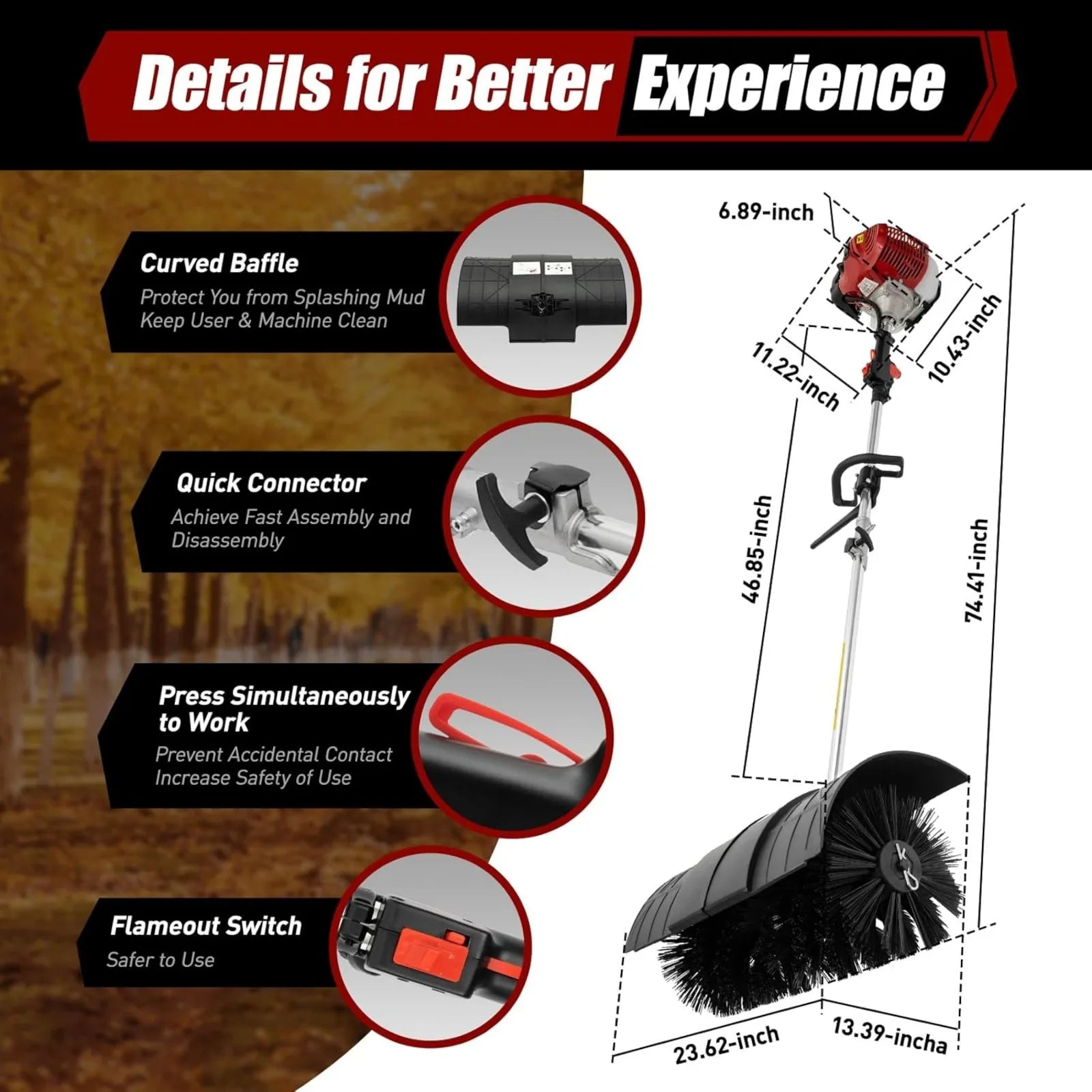 52CC 2 Stroke Gas Handheld Sweeper Broom, 1700W 2.3HP Gas Powered Artificial Lawn Sweeper, Outdoor Hand Held Gas Power Broom