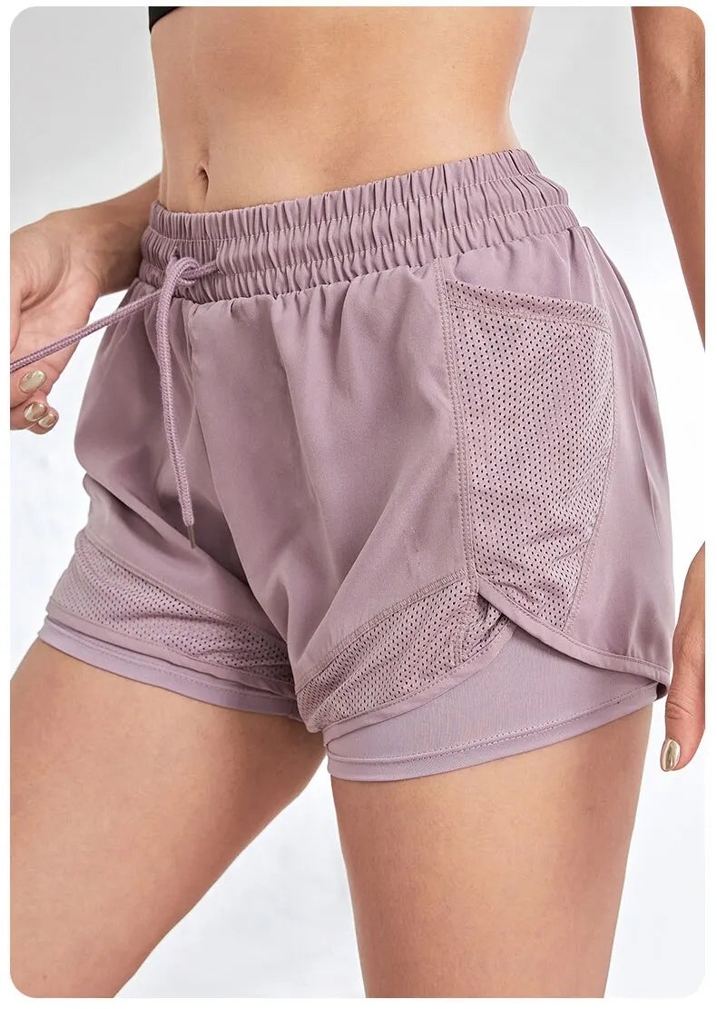 Women's Elastic Sports Shorts, Shorts With Pockets, Fake Two-Piece Yoga Leggings Running And Training - Smarsty