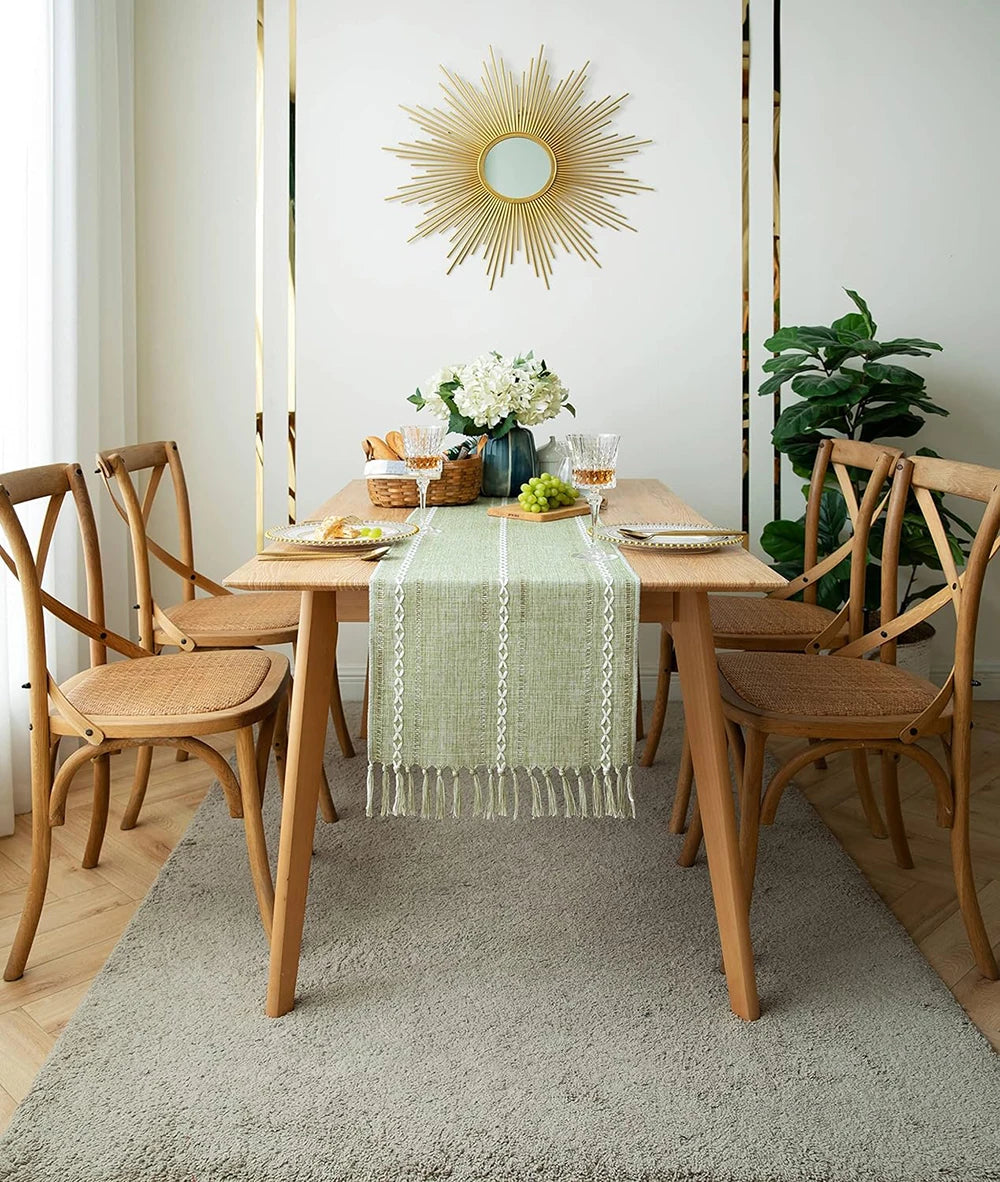 Boho Green Table Runner with Rustic Tassels - Smarsty