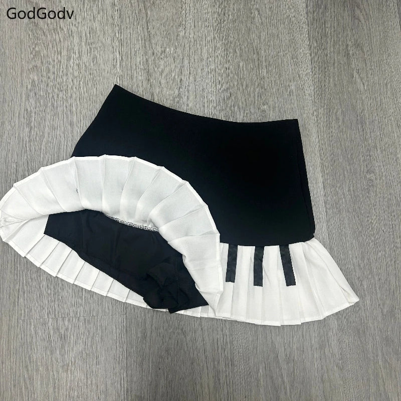 Spring Black White Spliced Women Short Skirt 2025 Y2k Slim Design Harajuku Mini Skirt Female Empire Korea Style Chic Piano Skirt - Smarsty