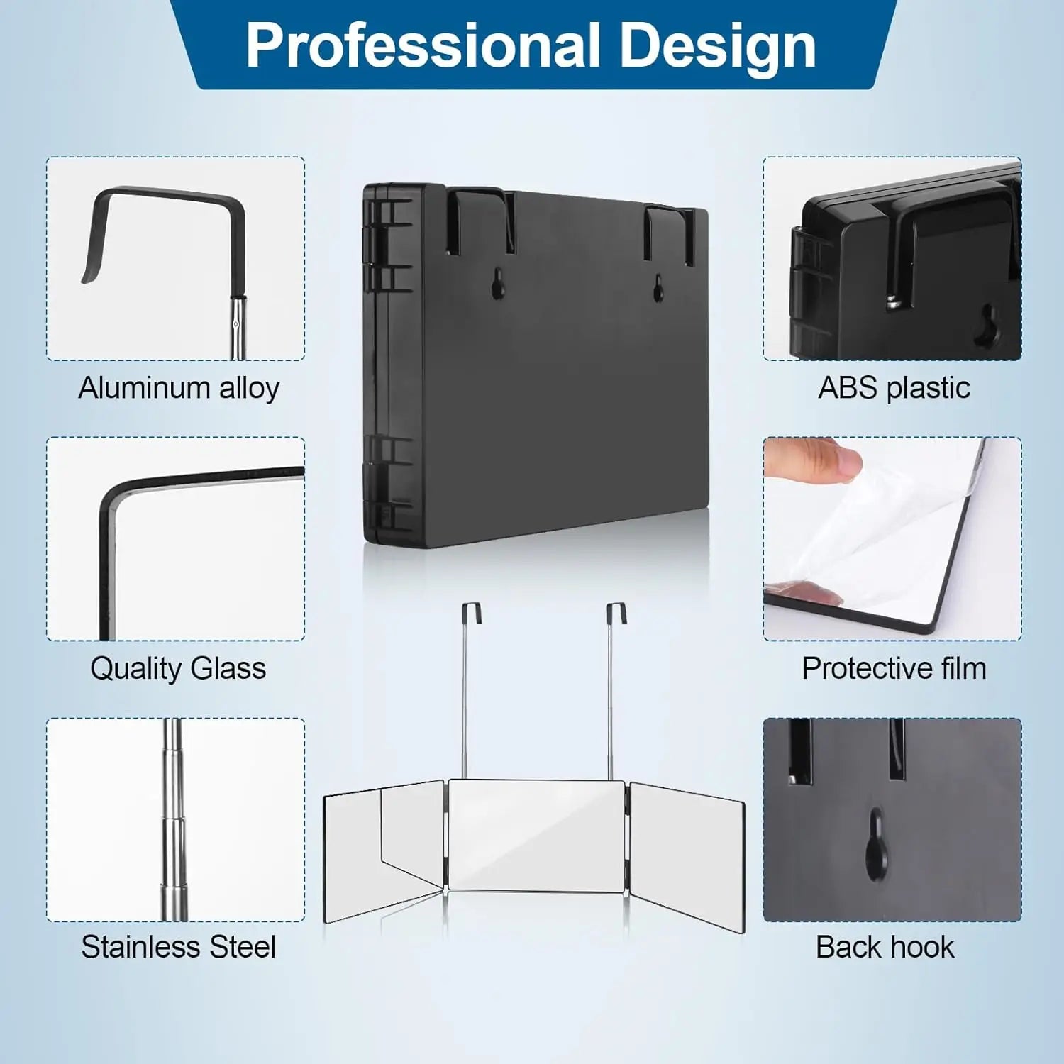 Black Portable 360 Trifold Makeup Mirror with Adjustable Hooks - Smarsty