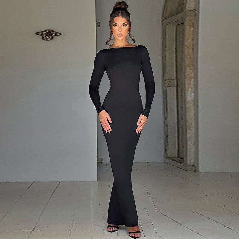 Hugcitar Spring Elegant Long Sleeve Backless Solid Cuched Sexy Bodycon Maxi Prom Dress Women Outfit Evening Party Festival Y2K - Smarsty