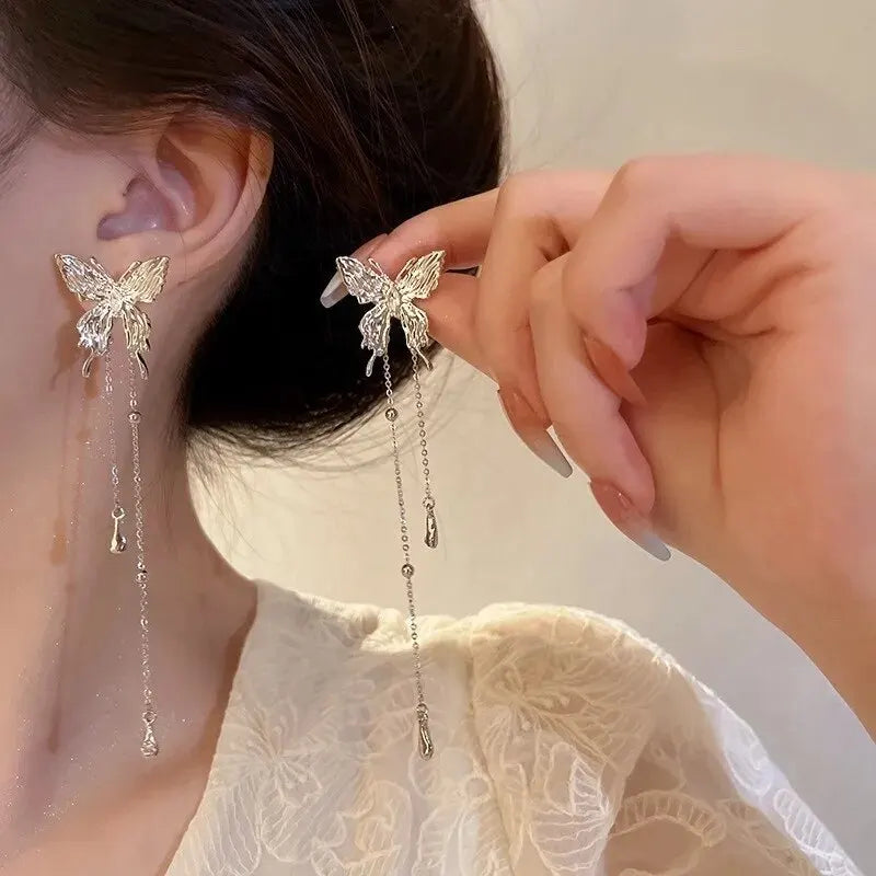 Elegant Butterfly Clip Earrings for Women with Long Tassels - Smarsty