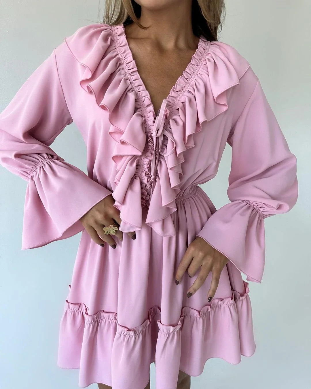 Talenza White Ruffle Bandage Mini Dress Women's Elegant Patchwork Long Sleeve Dress New Slim V Neck Lace Up Summer Mini Dress - Smarsty