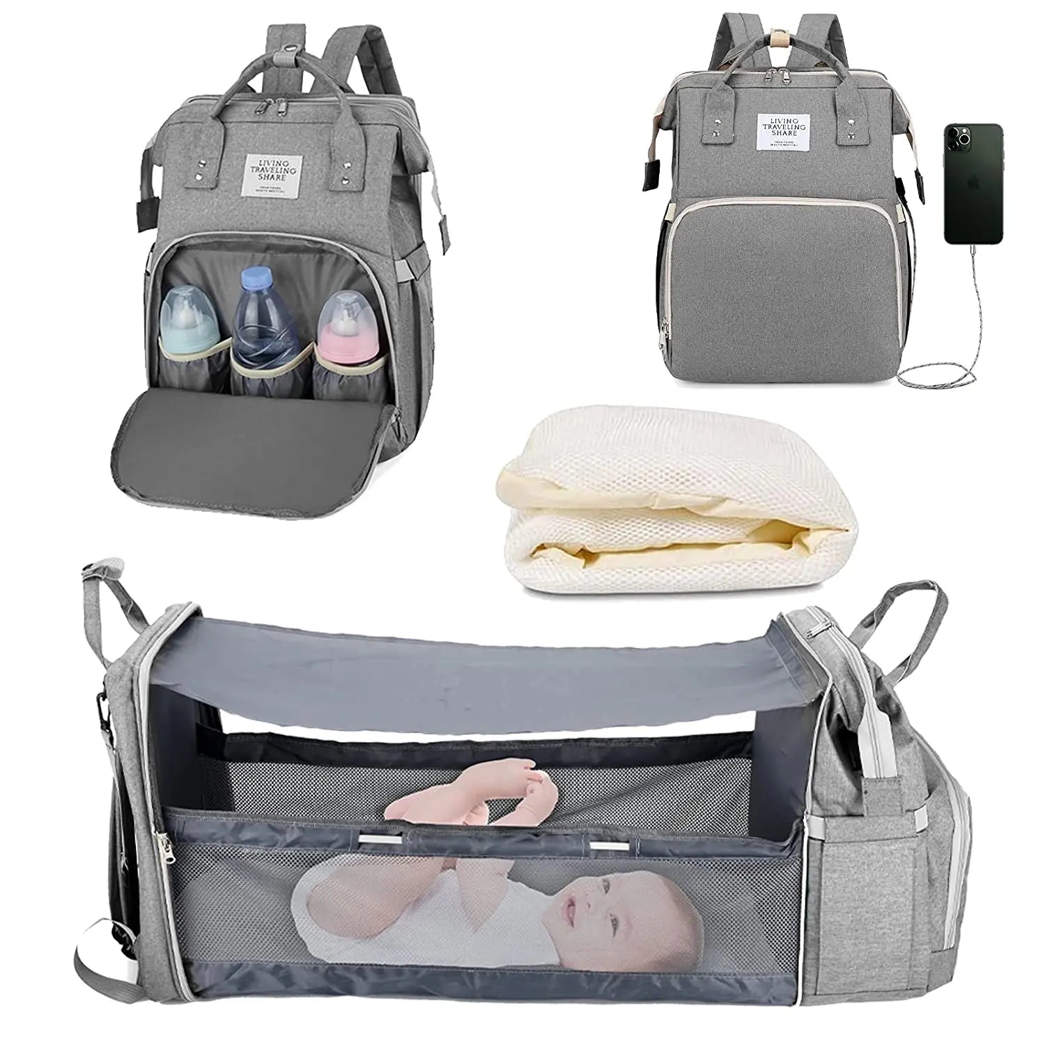 3 In 1 Diaper Bag Backpack Foldable Baby Bed Waterproof Travel Bag with USB Charge Diaper Bag Backpack with Changing Bed 3 types by Smarsty