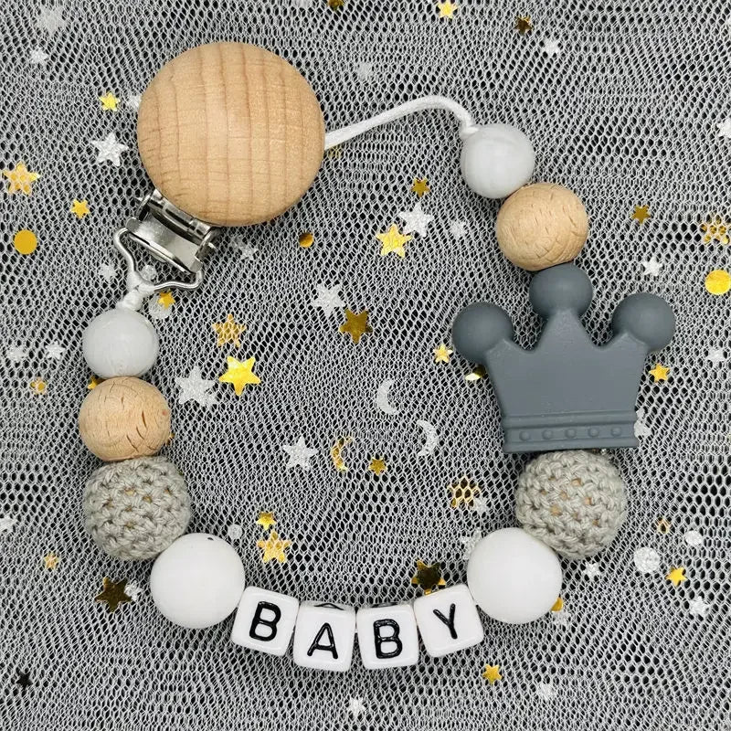 NEW Custom Personalized Name Pacifier Clip Handmade Beech Wooden Chain Silicone Crown Holder Soother Baby Teething Toy Chew Gift by Smarsty