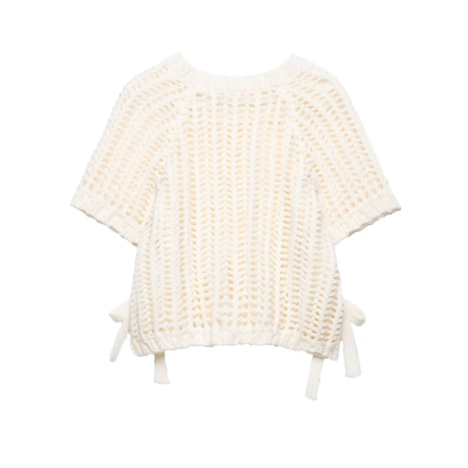 Hollow Out Knit Pullover Women Casual Round Neck Lace Up Bow Sweater Female Autumn Short Sleeves Solid Knitwears Lady - Smarsty