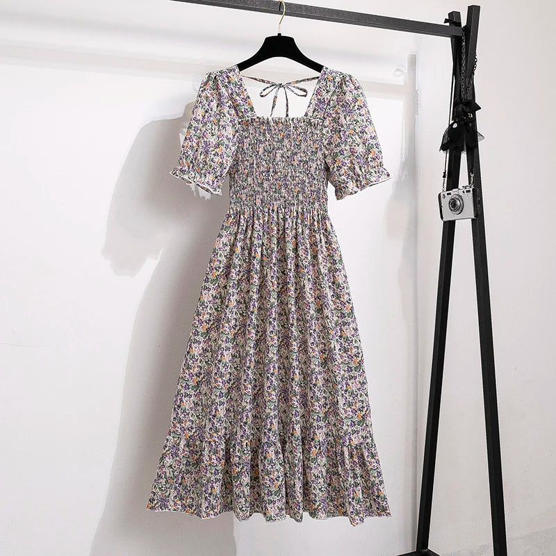 Spring Summer Chiffon Dresses Fashion Female Elastic Waist Short Sleeve Pleated Casual Dress Women A-line Dresses Vestidos - Smarsty