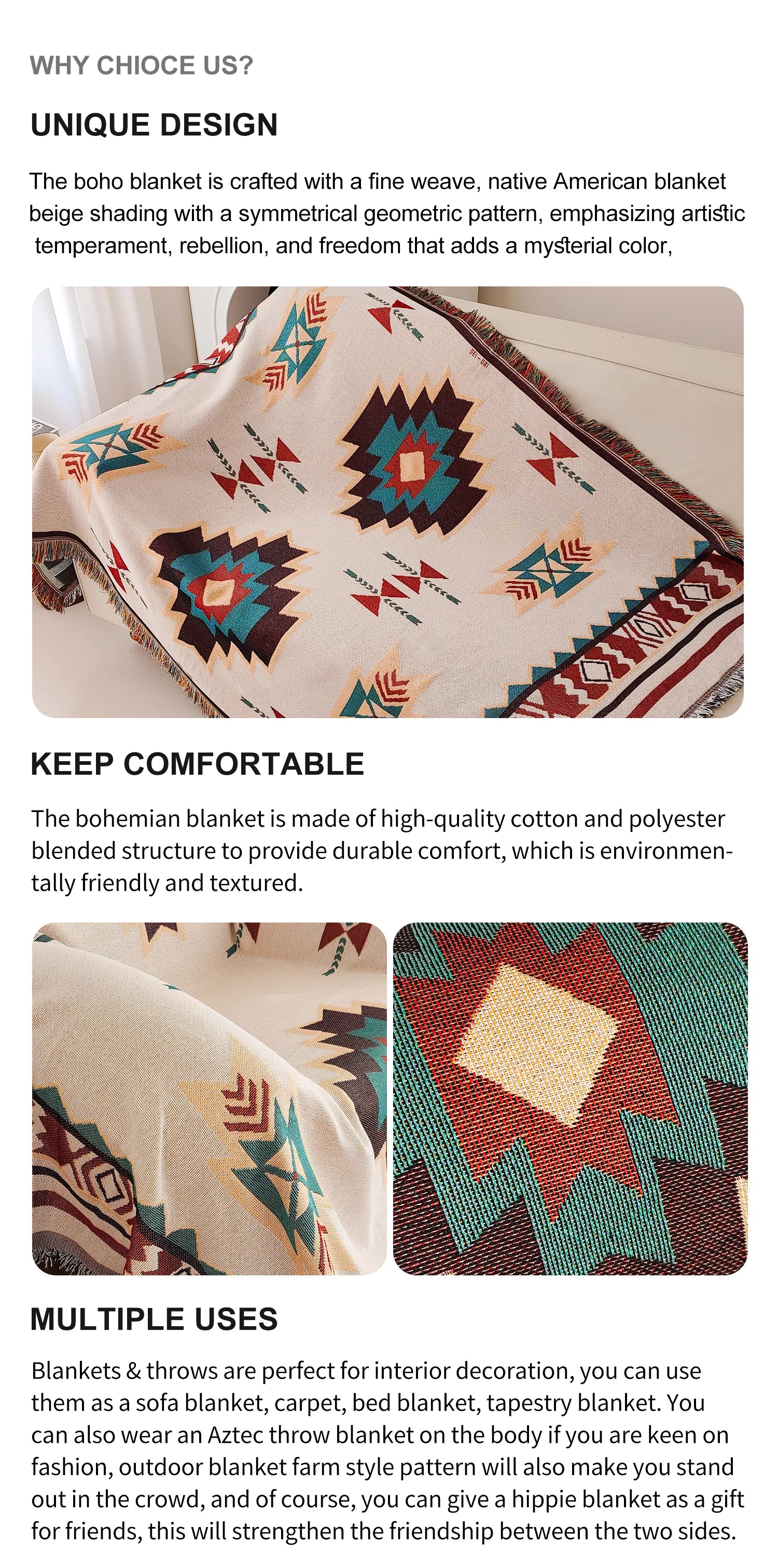 Oversized Boho Aztec Blanket for Cozy Decor - Smarsty