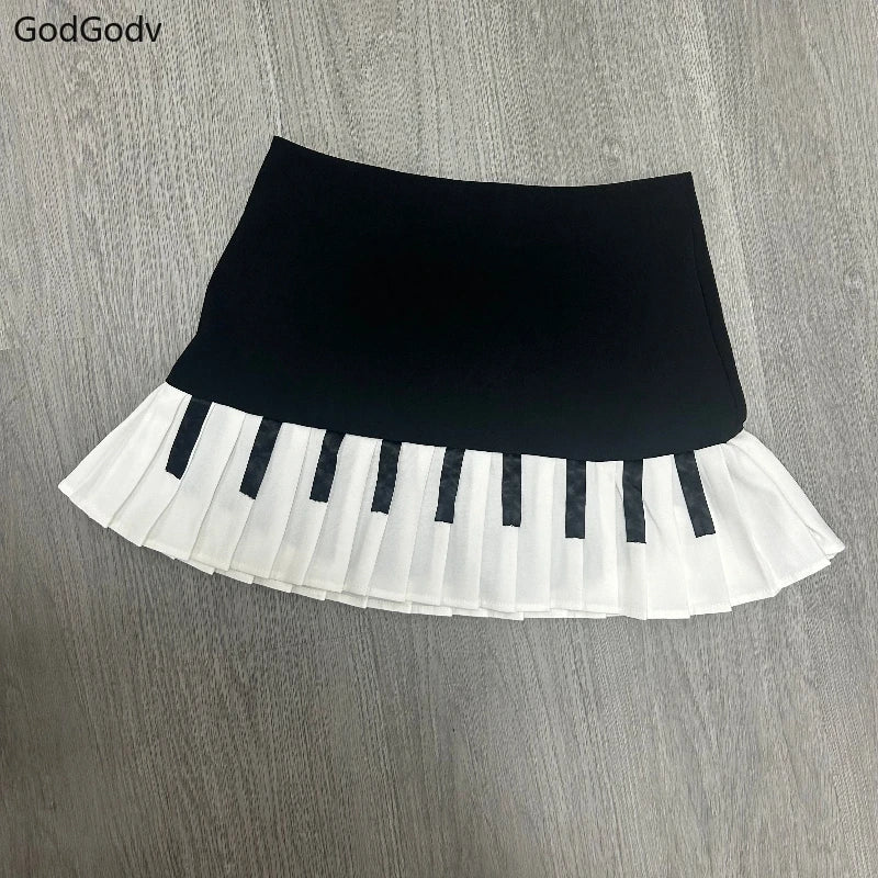 Spring Black White Spliced Women Short Skirt 2025 Y2k Slim Design Harajuku Mini Skirt Female Empire Korea Style Chic Piano Skirt - Smarsty