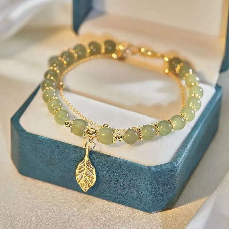 Exquisite Green Jade Bracelet for Women with Gold Leaves - Smarsty