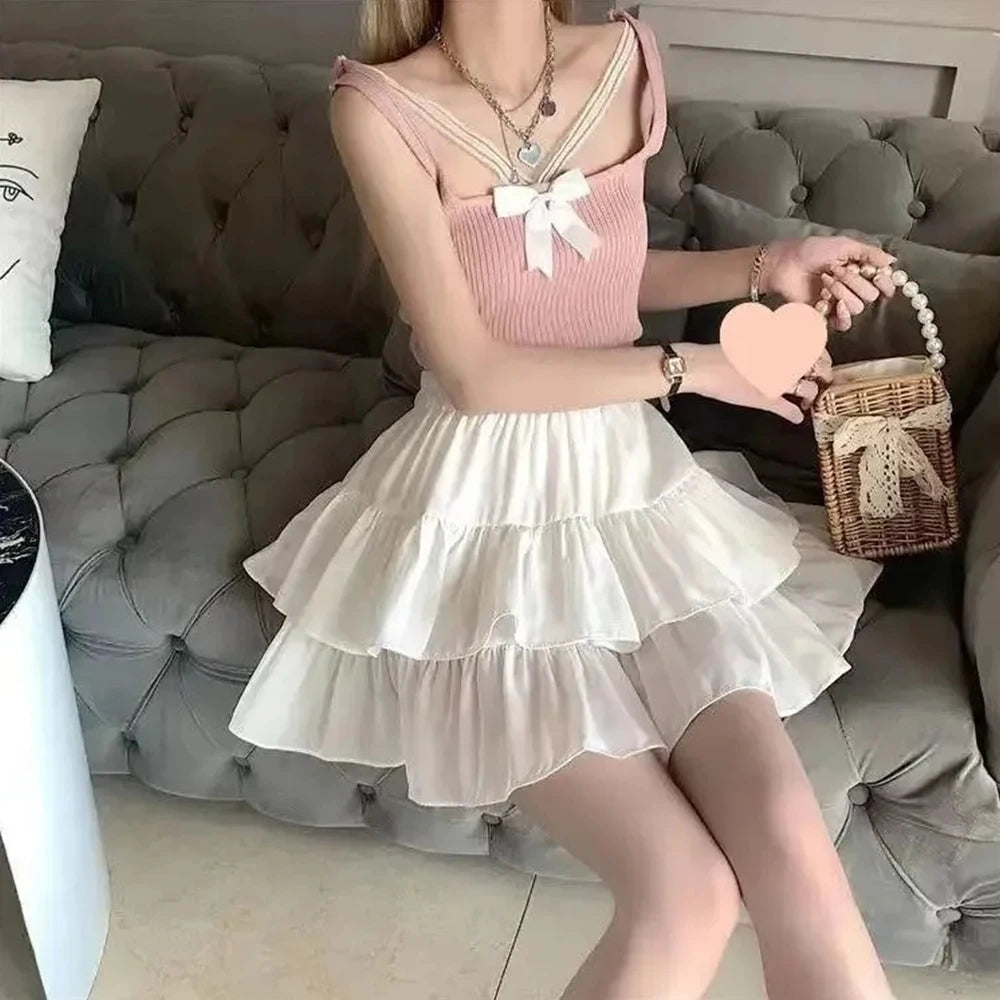 Pleated A-line Skirt White Women Ruffles Sweet Hottie Preppy Style Elastic Elastic Waist Slim Thin SimpleCasual Summer Wholesale - Smarsty