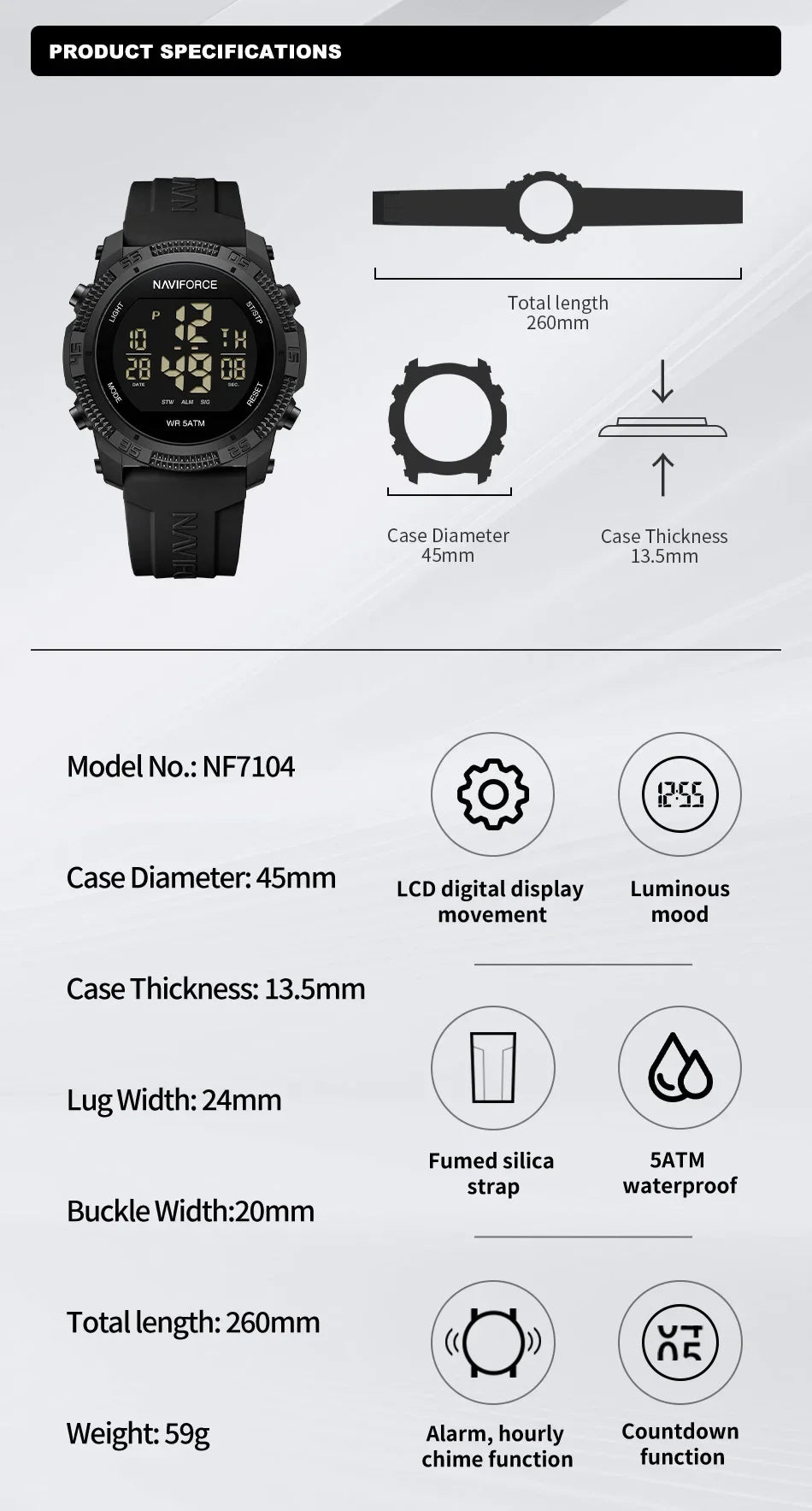 NAVIFORCE NF7104 Men's Waterproof Digital Watch with Alarm - Smarsty