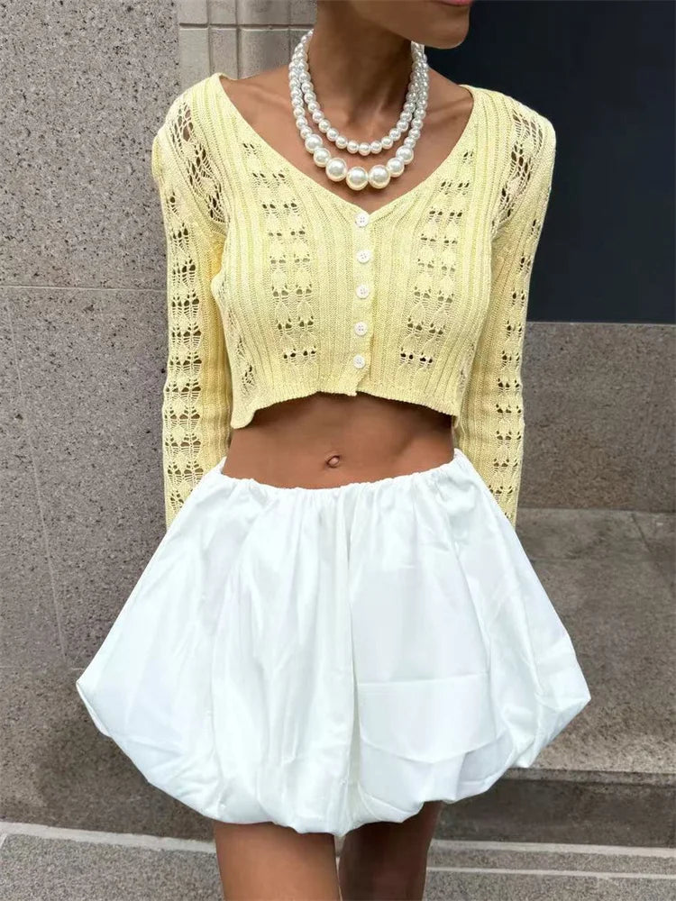 Tossy Knitwear Hollow Out Sweater Cardigan Women V-Neck Long Sleeve See-Through Cropped Top Summer Knit Patchwork Cardigan Top - Smarsty