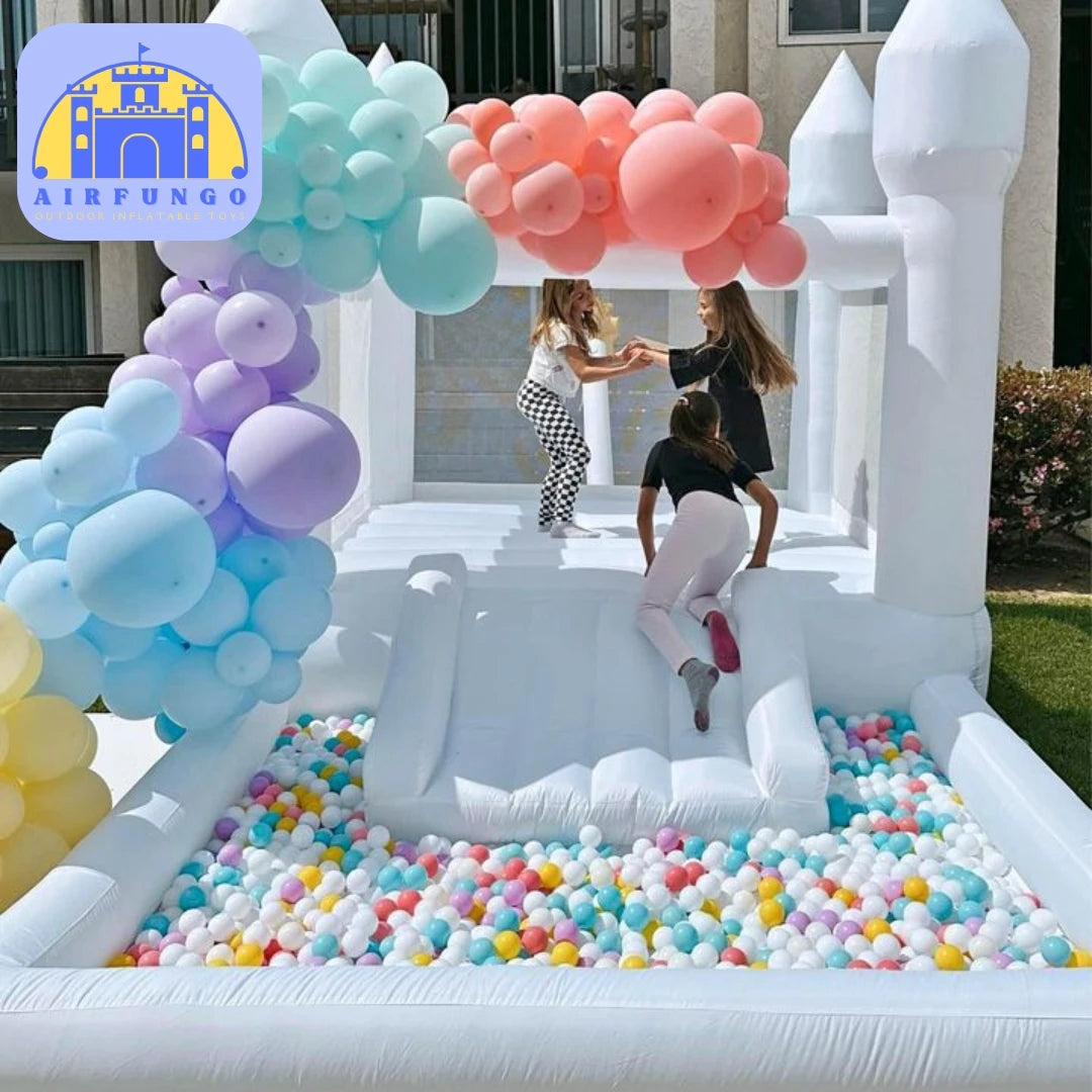 Kids 8x13x8ft Soft Play White Bounce House With Slide Ball Pit Party Customization Inflatable Mini Bouncy Castle With Blower