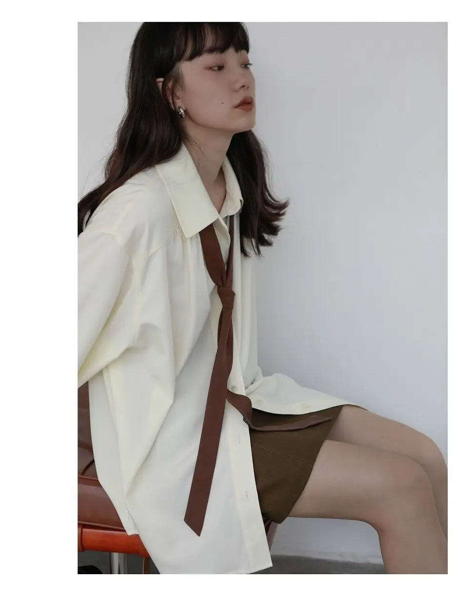 2025 Summer Minimalist Long Sleeve Button Up Shirt Women Korean Style Solid Tie Oversize Shirts Blouse Loose Clothes Autumn Tops - Smarsty